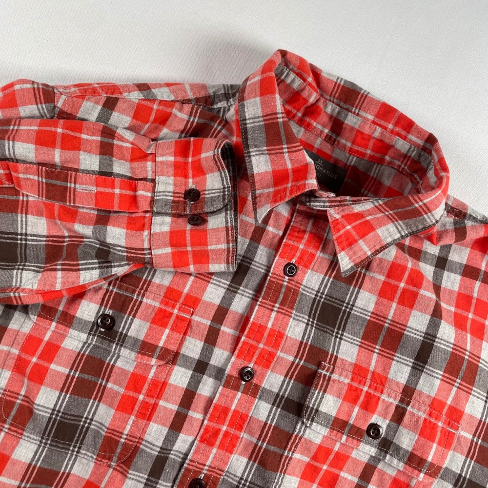 LL Bean Signature Slim Fit Plaid Shirt Men's Size‎ Medium Orange Brown Outdoors